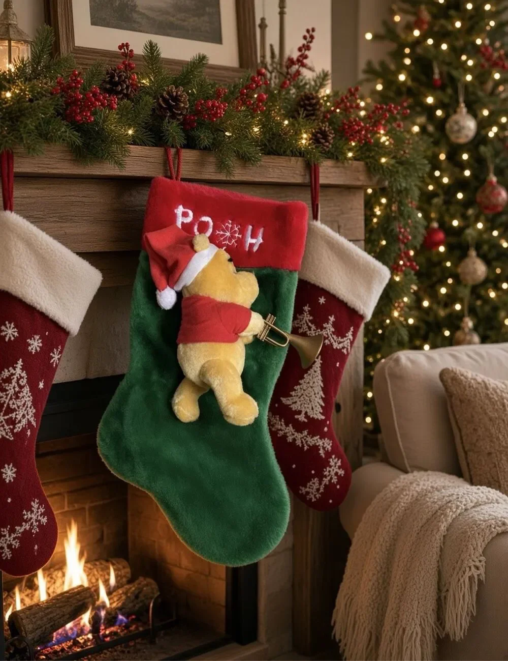 Winnie the Pooh plush with horn Christmas stocking Red Green Yellow
